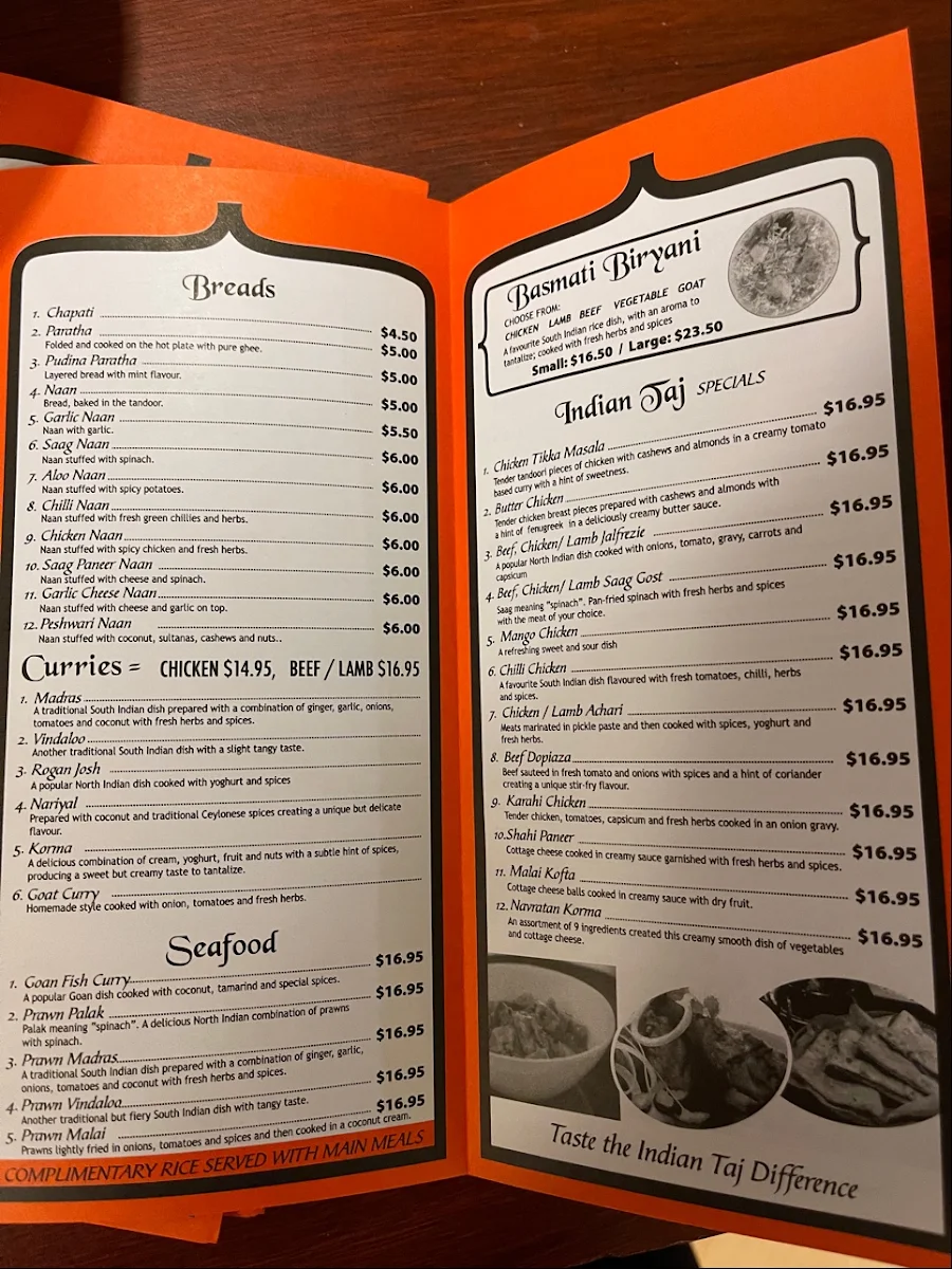 Menu, Halims Indian Taj Restaurant