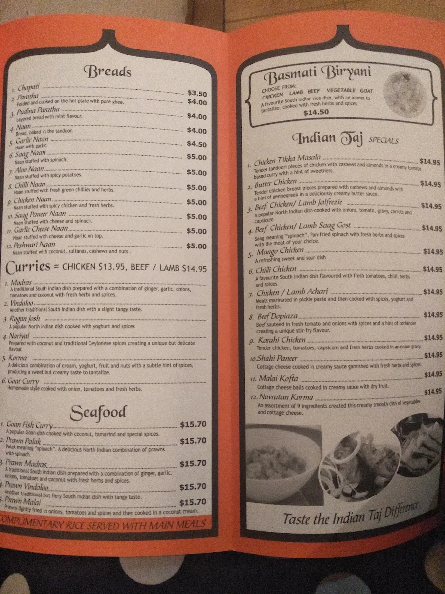 Menu, Halims Indian Taj Restaurant