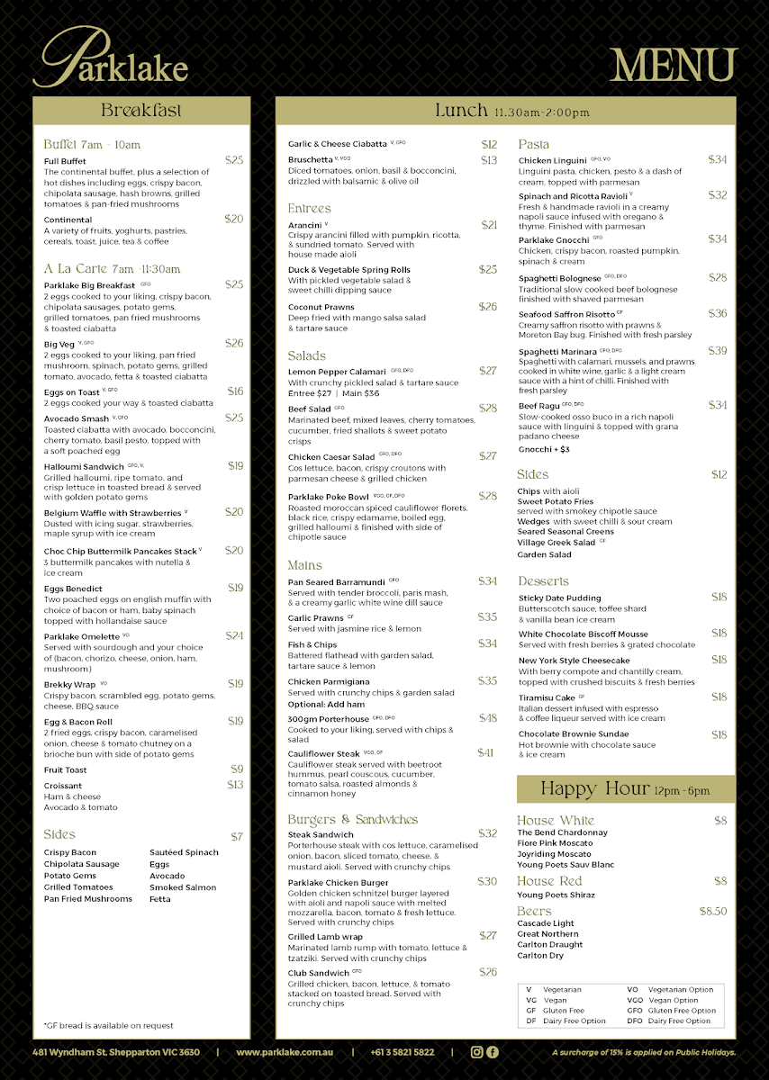 Menu, Parklake Restaurant