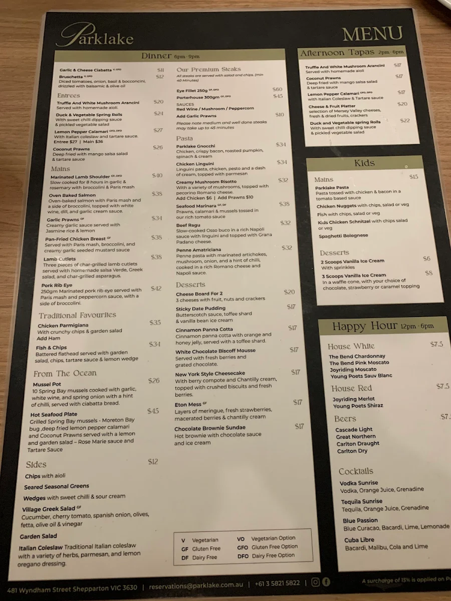 Menu, Parklake Restaurant