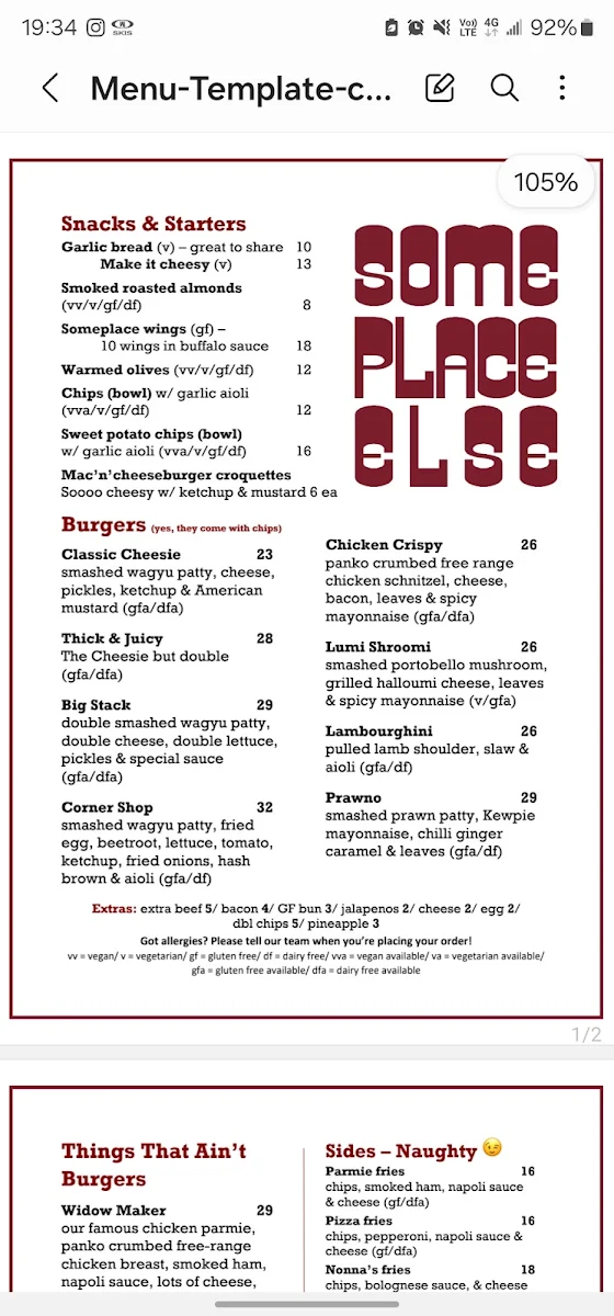 Menu, SomePlace Else Falls Creek