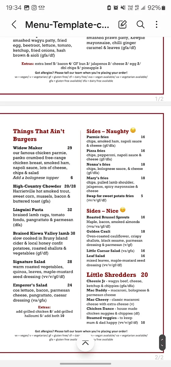 Menu, SomePlace Else Falls Creek