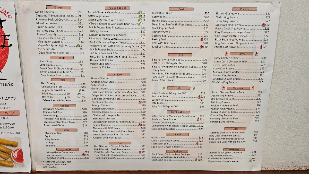 Menu, Nowra Palace Malaysian & Chinese Restaurant