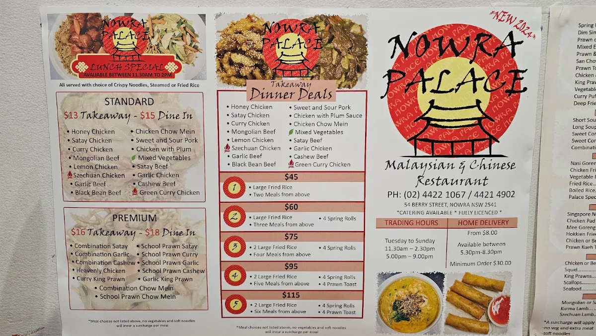 Menu, Nowra Palace Malaysian & Chinese Restaurant