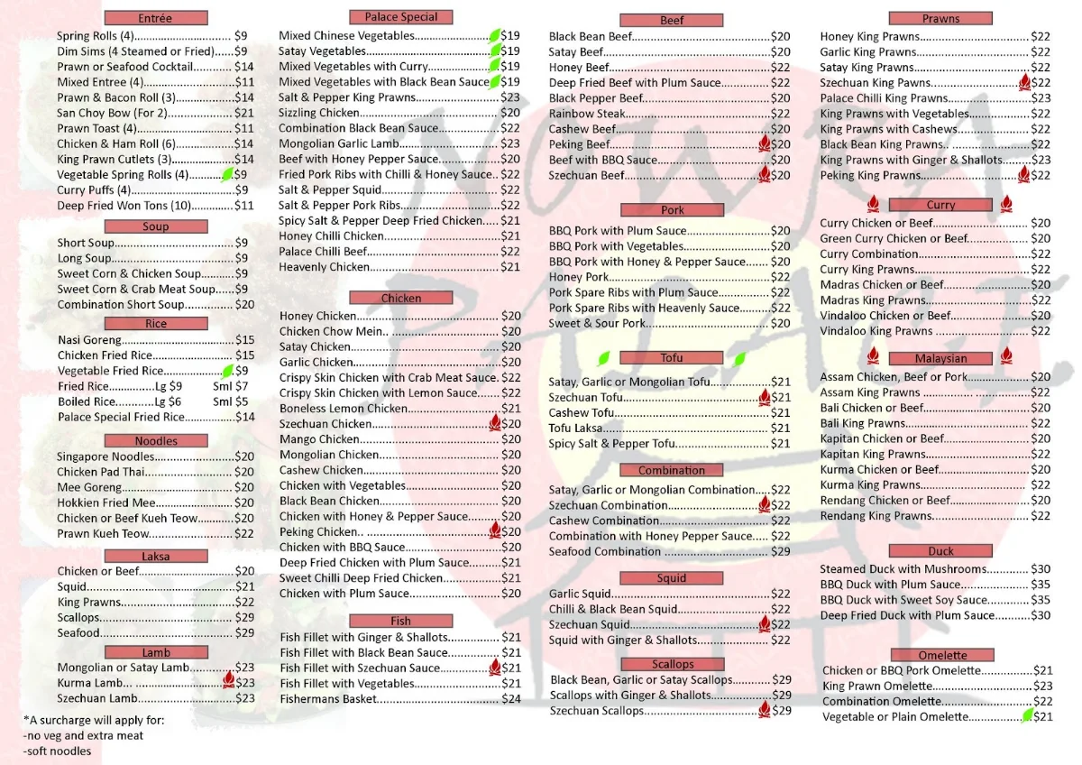 Menu, Nowra Palace Malaysian & Chinese Restaurant
