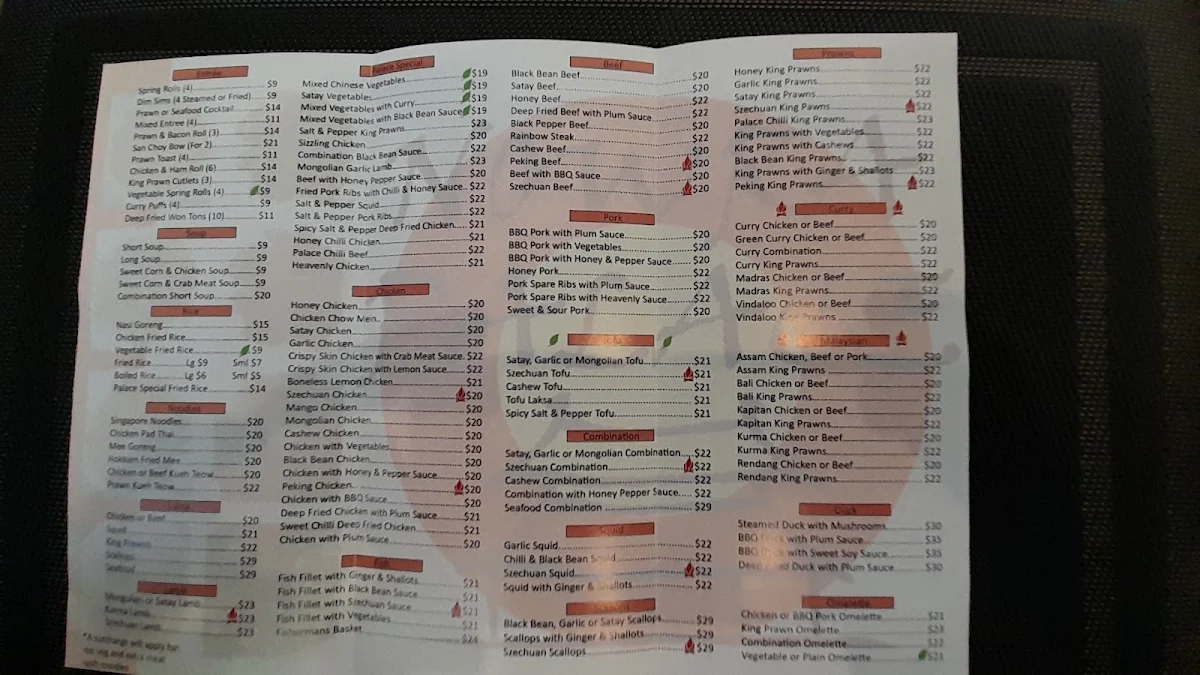 Menu, Nowra Palace Malaysian & Chinese Restaurant