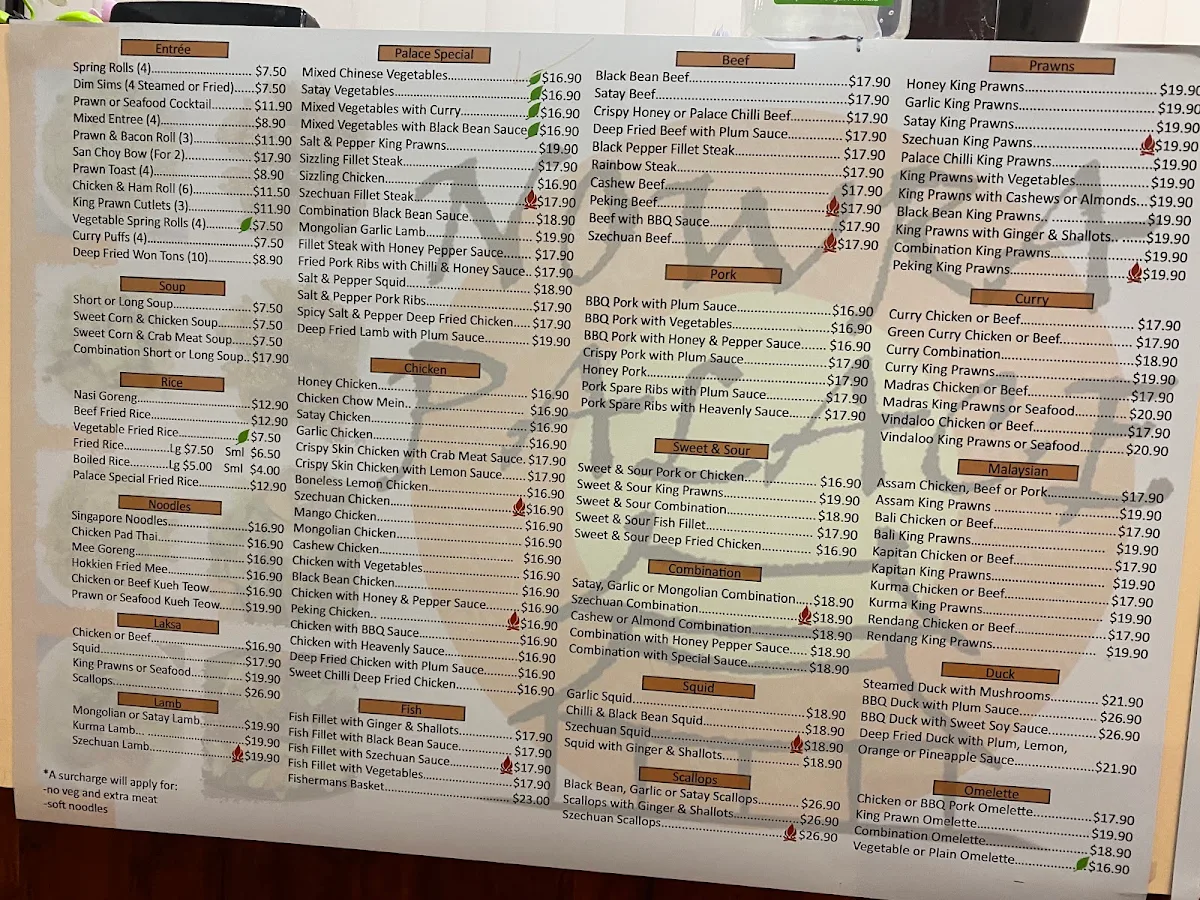 Menu, Nowra Palace Malaysian & Chinese Restaurant