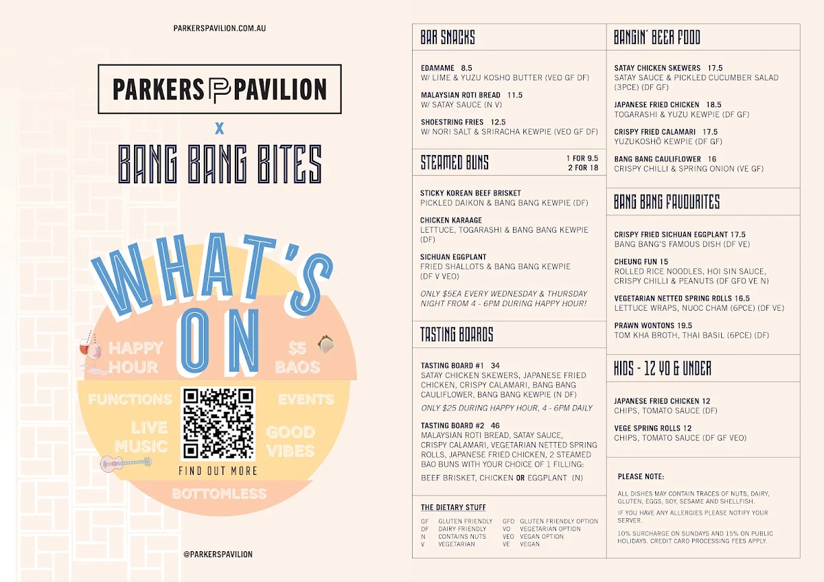 Menu, Parkers Pavilion