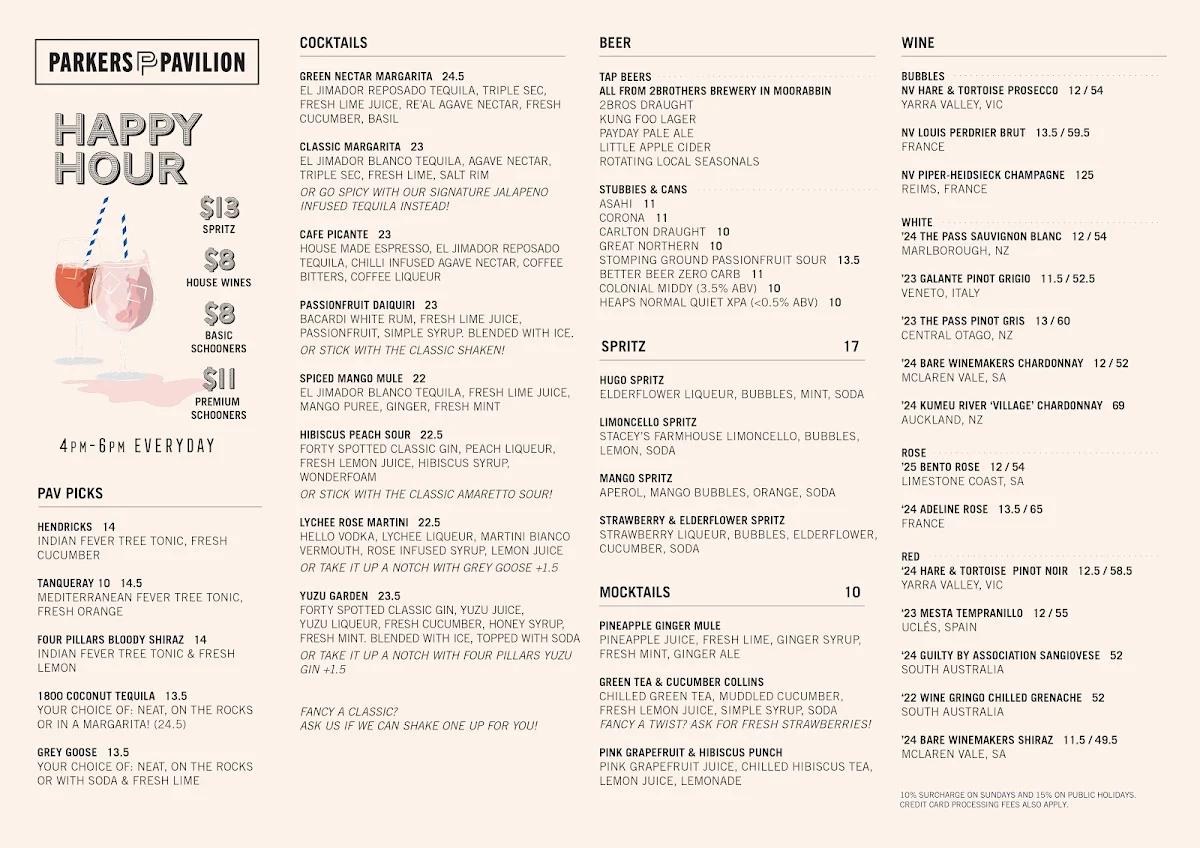 Menu, Parkers Pavilion
