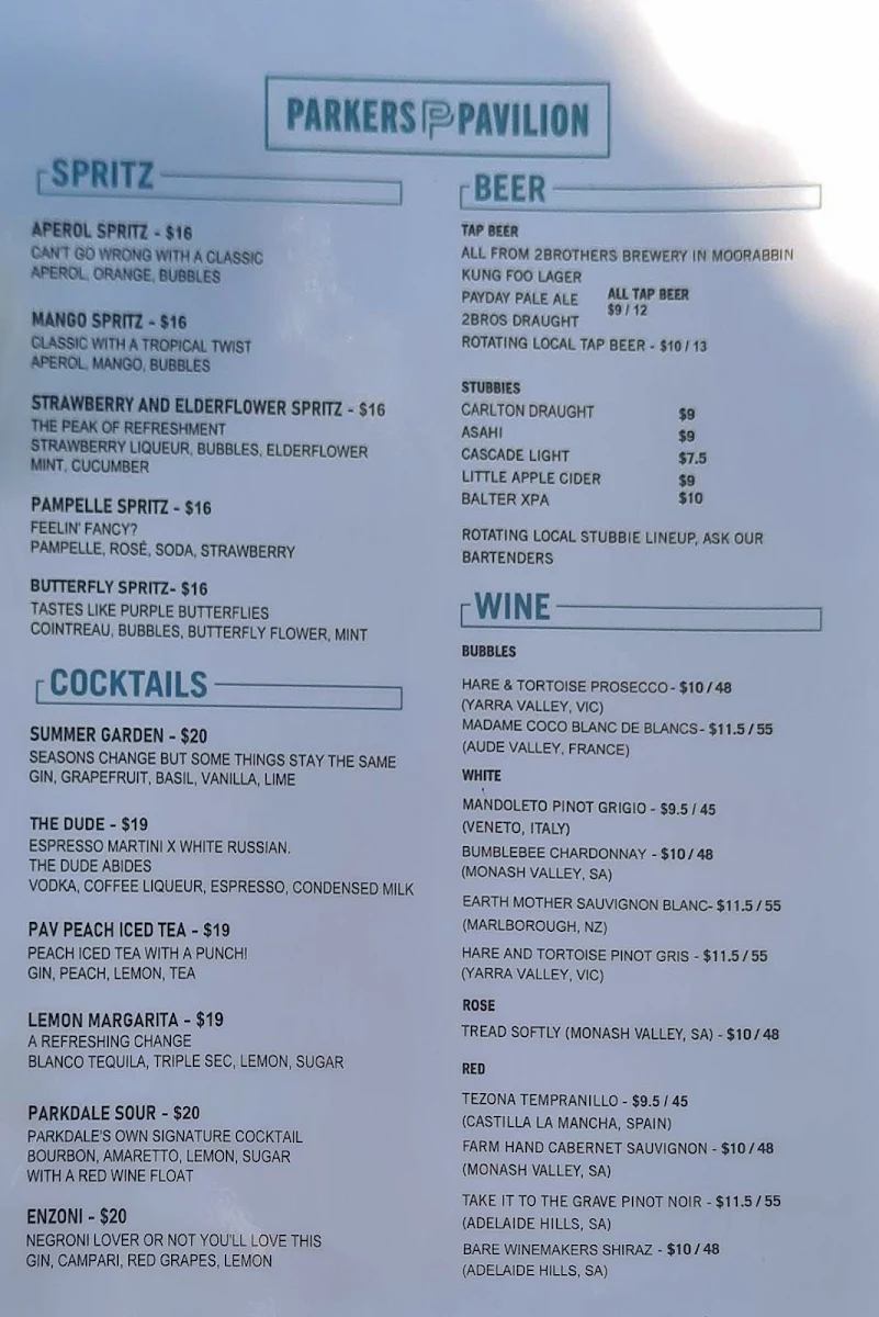 Menu, Parkers Pavilion