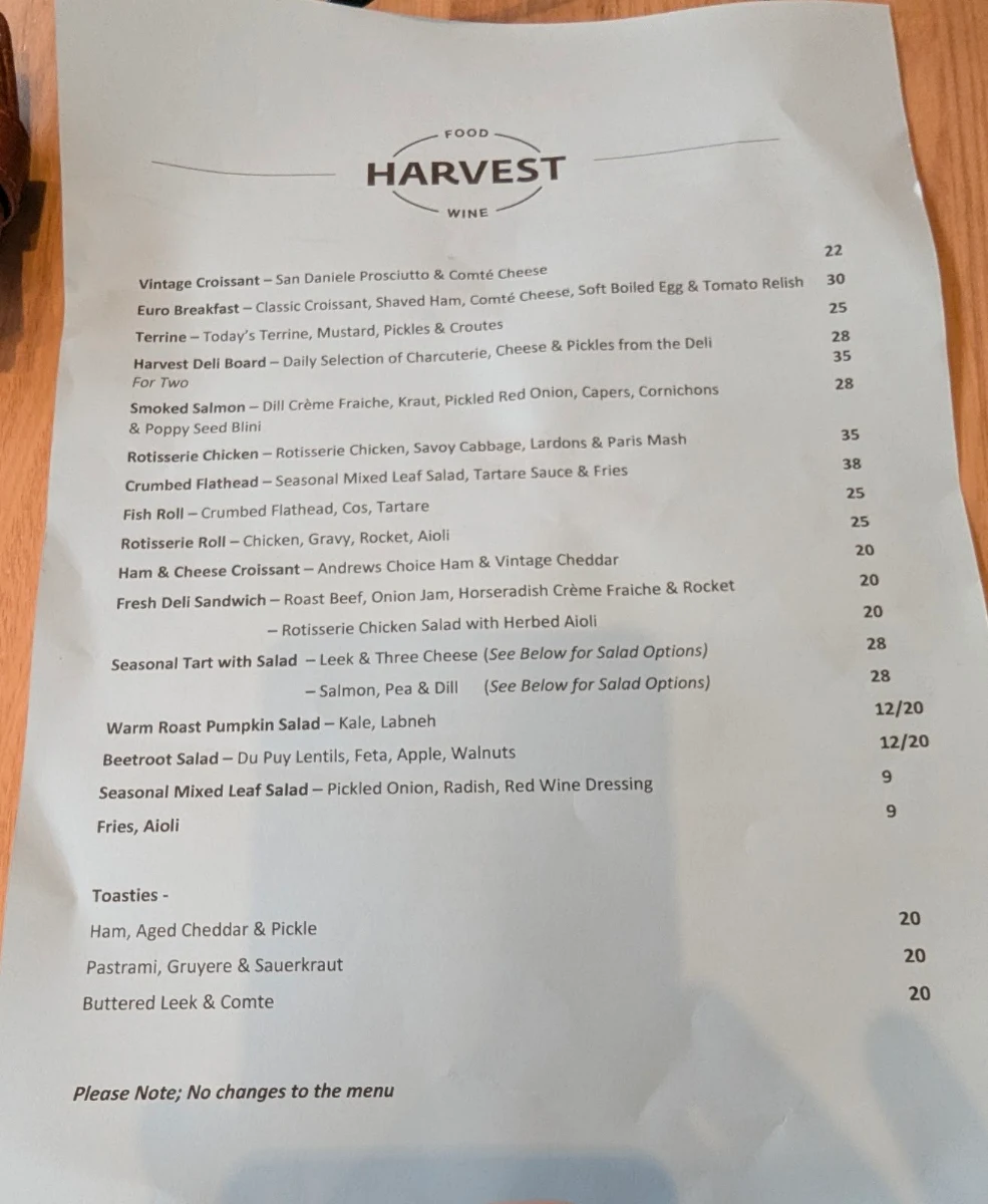 Menu, Harvest Food & Wine