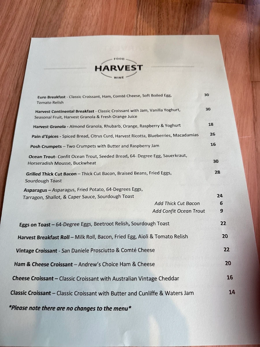 Menu, Harvest Food & Wine