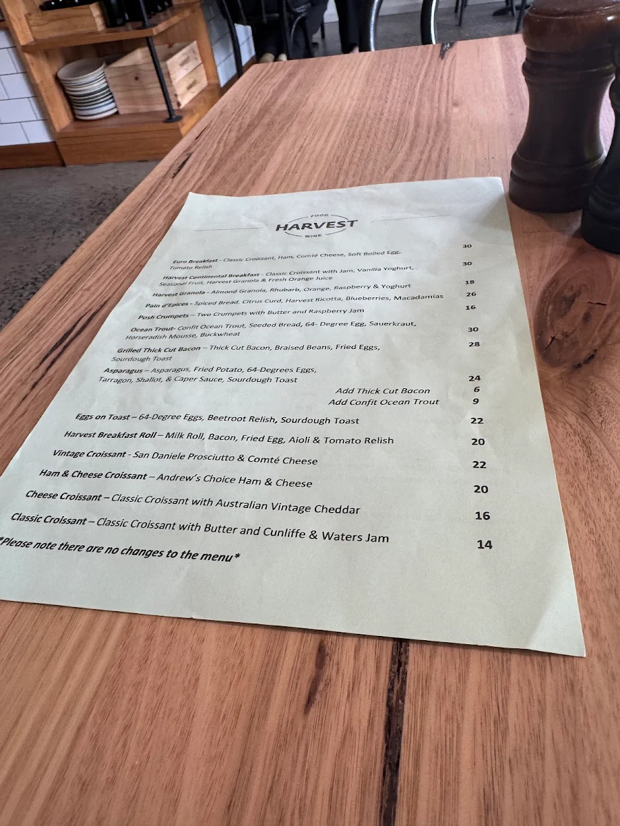 Menu, Harvest Food & Wine
