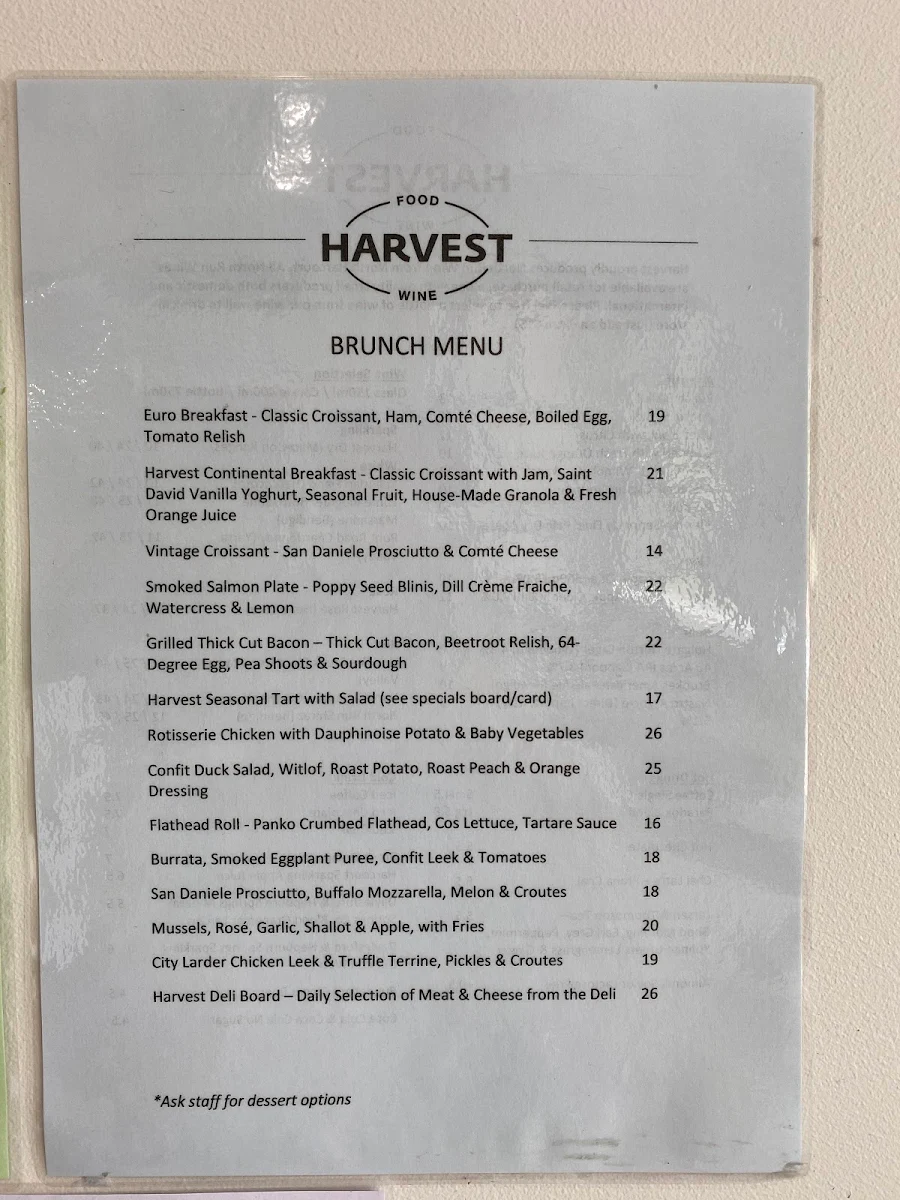 Menu, Harvest Food & Wine