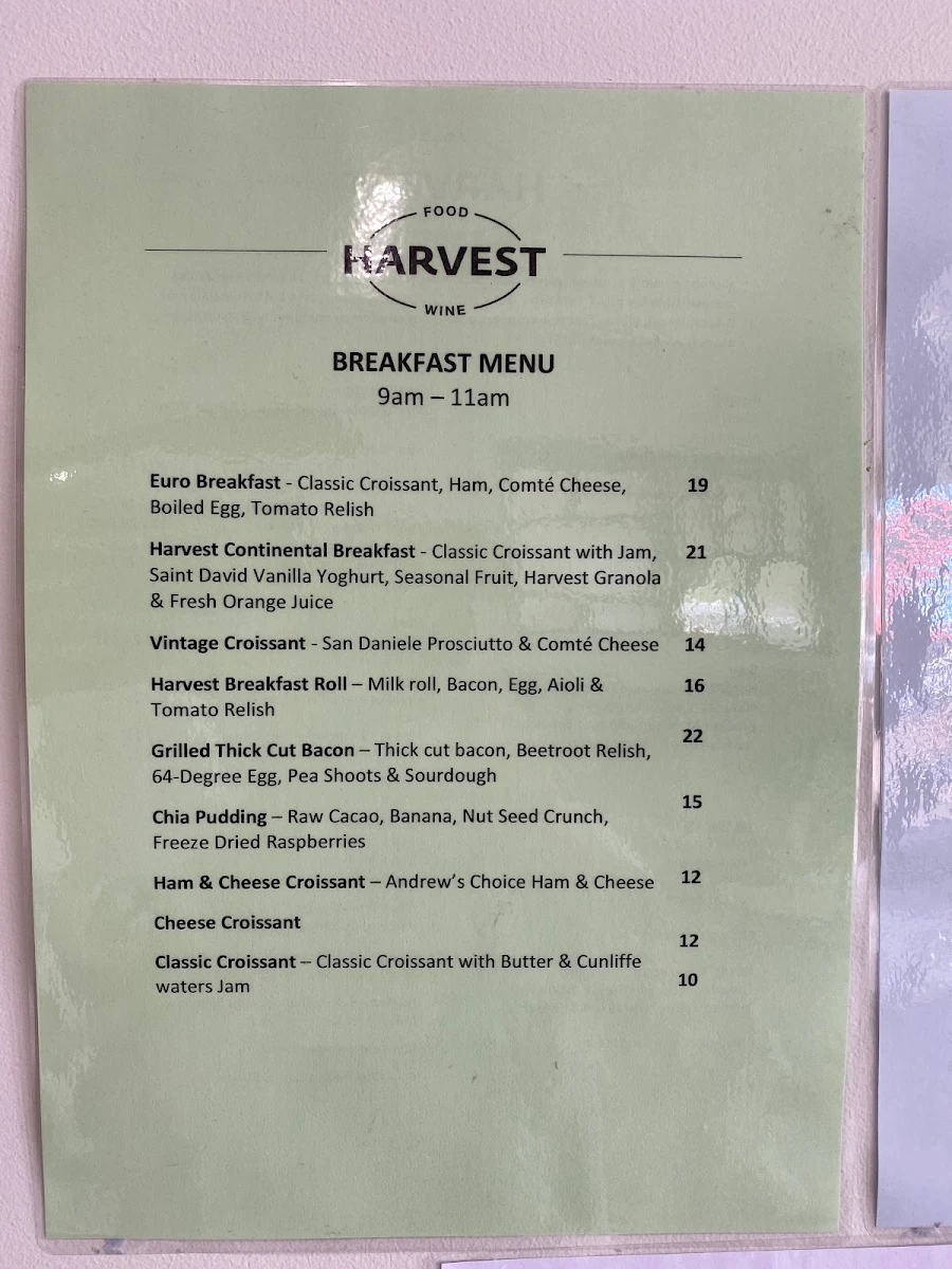 Menu, Harvest Food & Wine