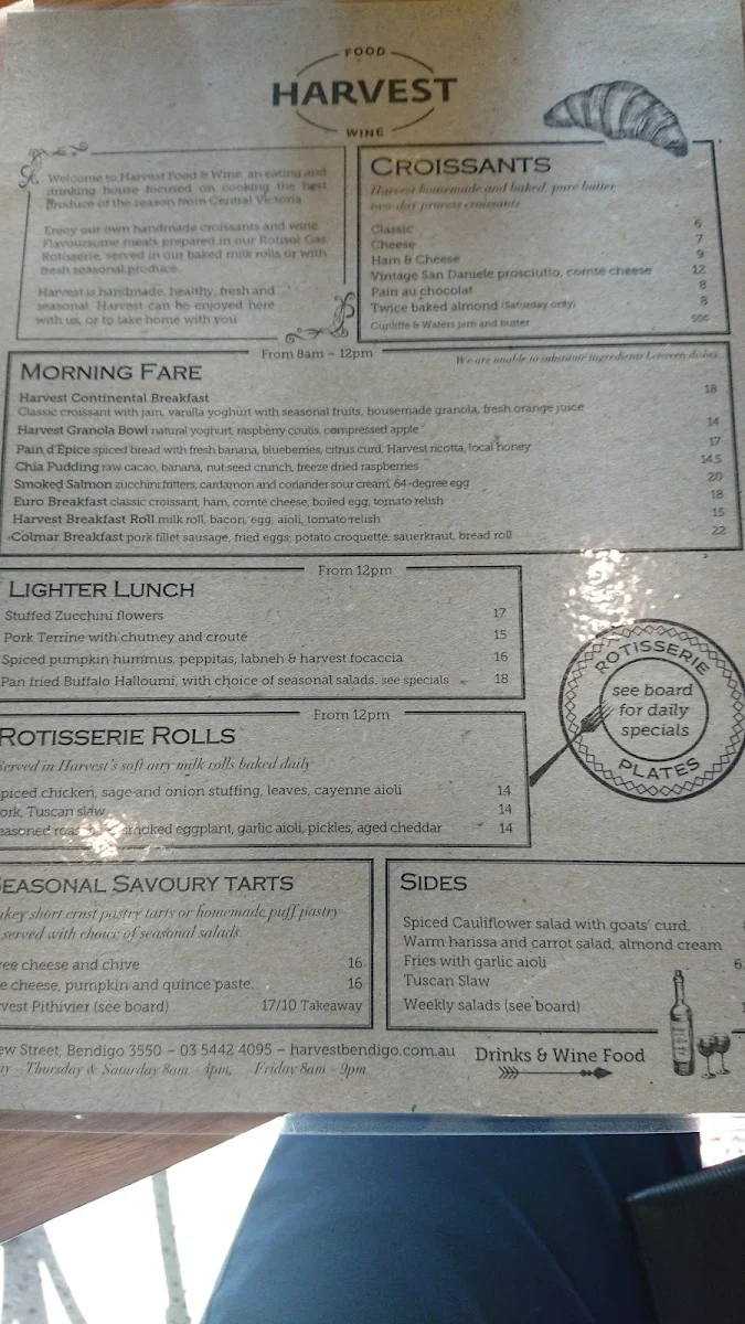 Menu, Harvest Food & Wine