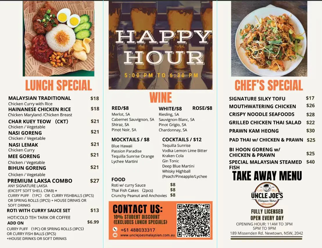 Menu, Uncle Joe's Malaysian Kitchen