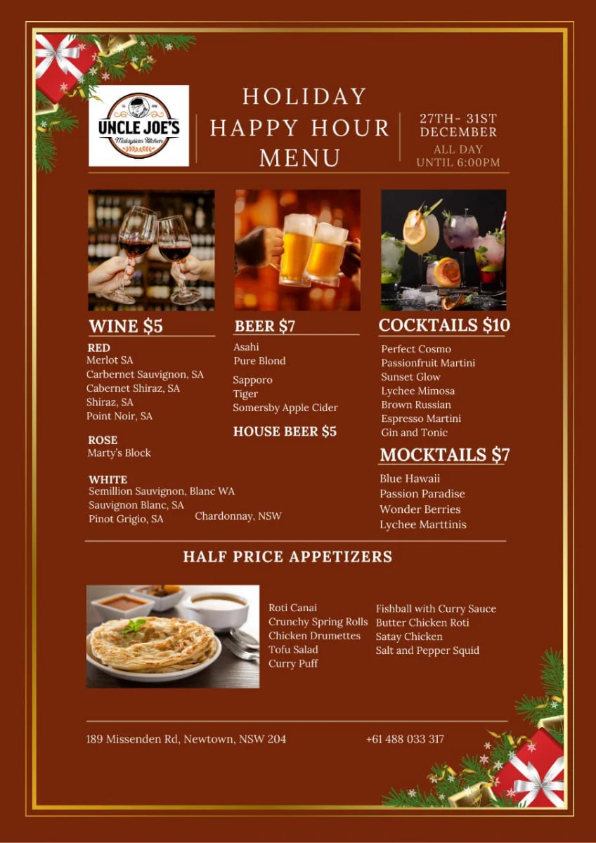 Menu, Uncle Joe's Malaysian Kitchen