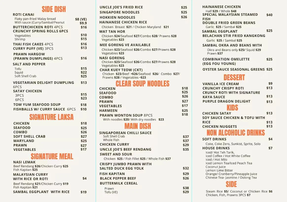 Menu, Uncle Joe's Malaysian Kitchen