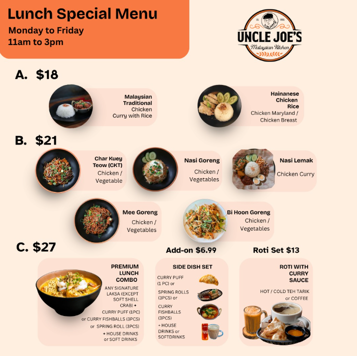 Menu, Uncle Joe's Malaysian Kitchen
