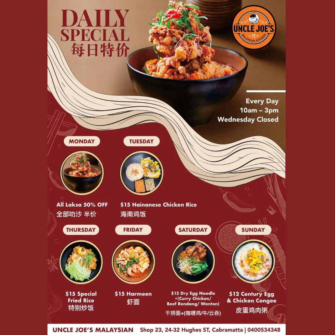 Menu, Uncle Joe's Malaysian Kitchen