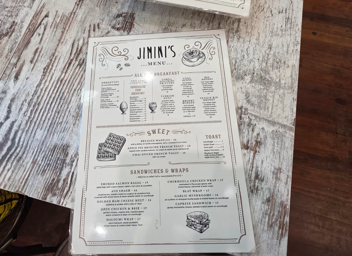 Menu, Jiminis Cafe