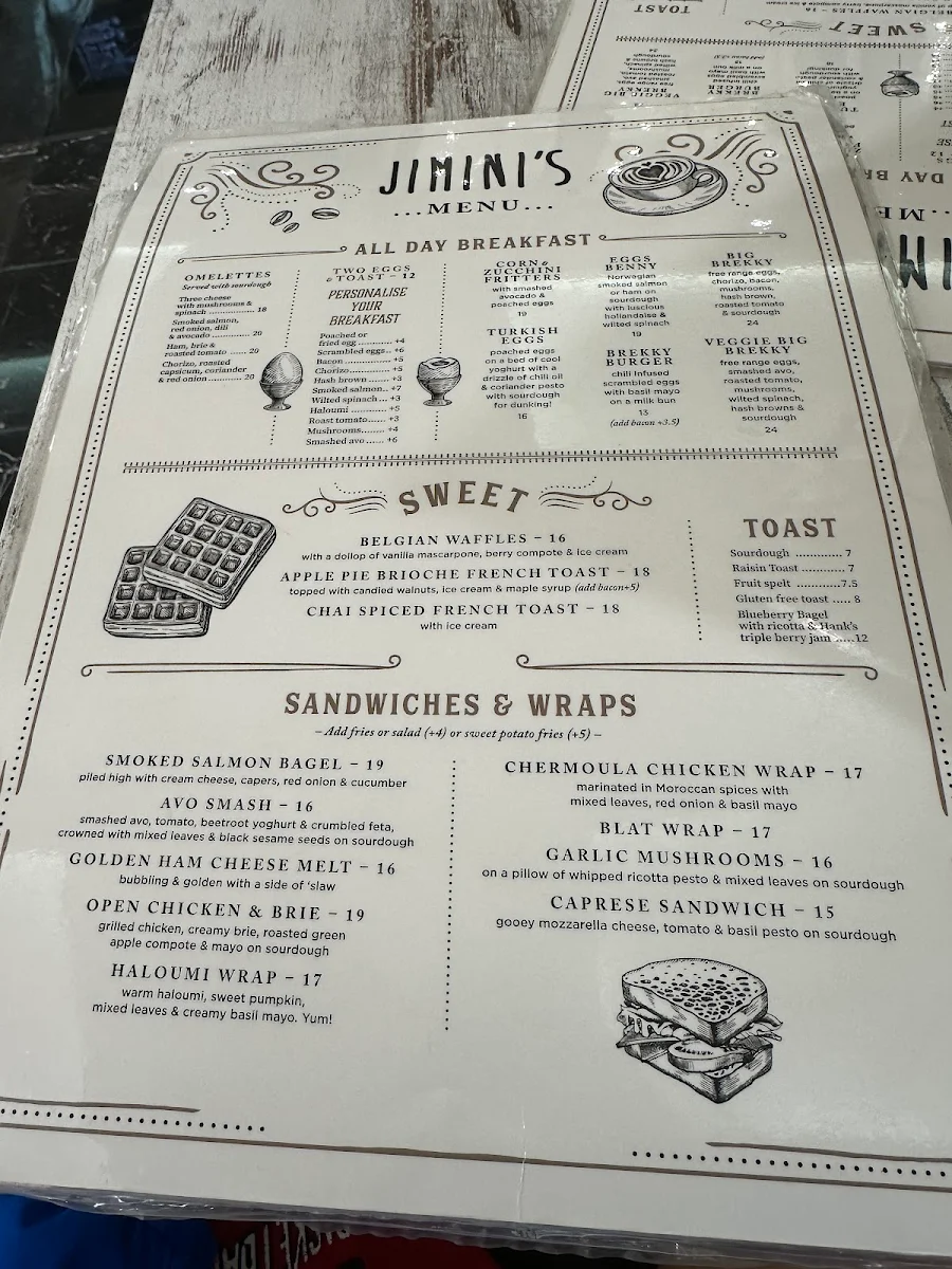 Menu, Jiminis Cafe