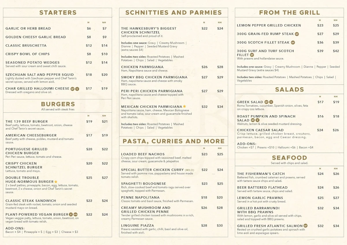 Menu, Bistro 139