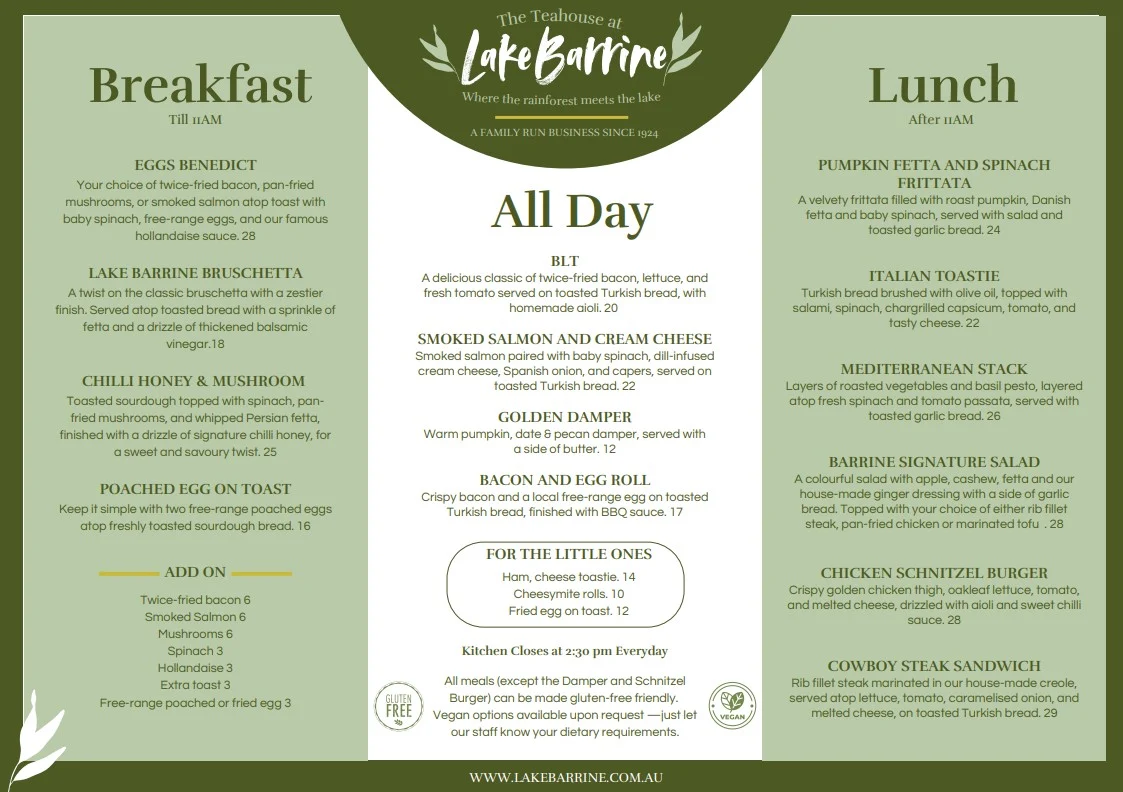 Menu, Lake Barrine Teahouse