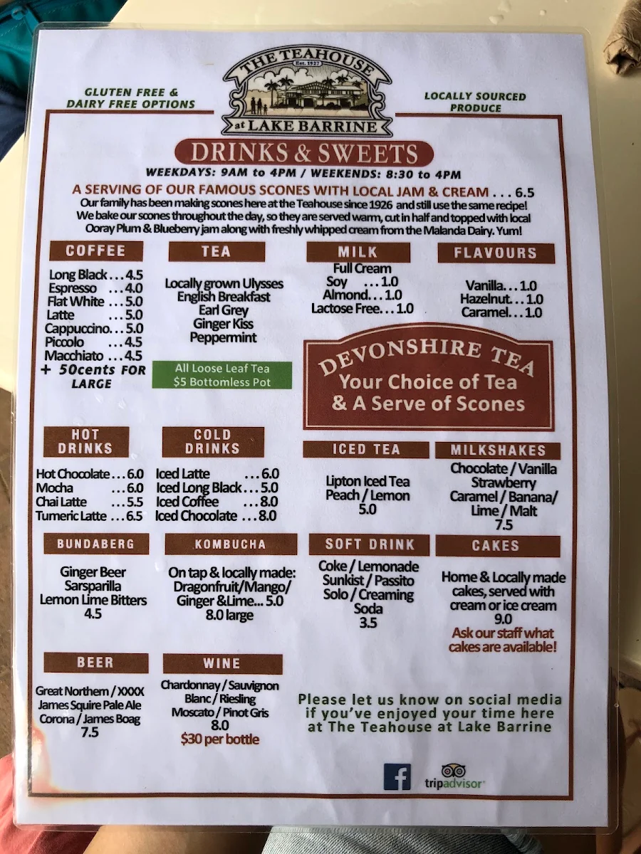 Menu, Lake Barrine Teahouse