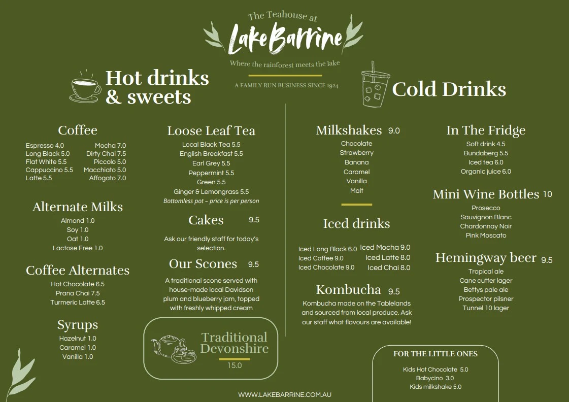 Menu, Lake Barrine Teahouse