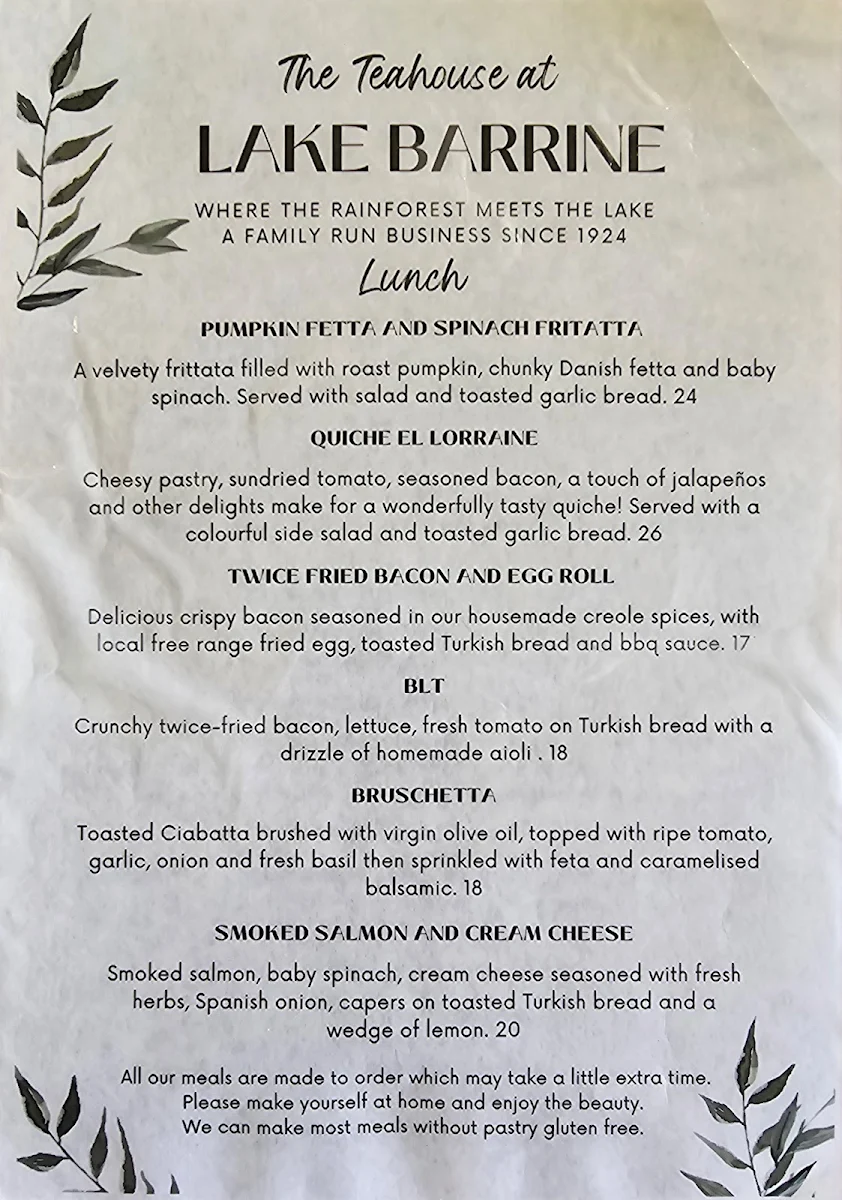 Menu, Lake Barrine Teahouse
