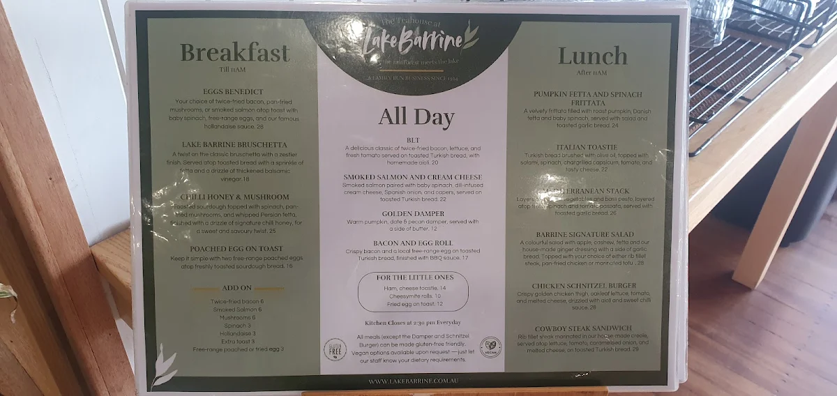 Menu, Lake Barrine Teahouse
