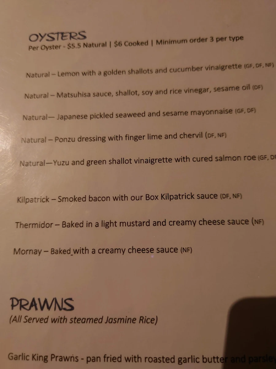 Menu, Box Seafood Restaurant
