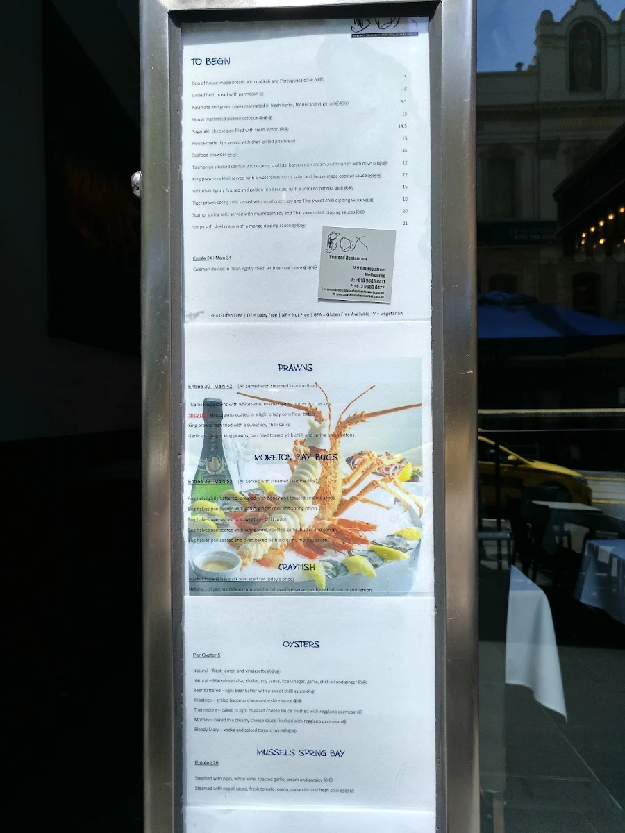 Menu, Box Seafood Restaurant