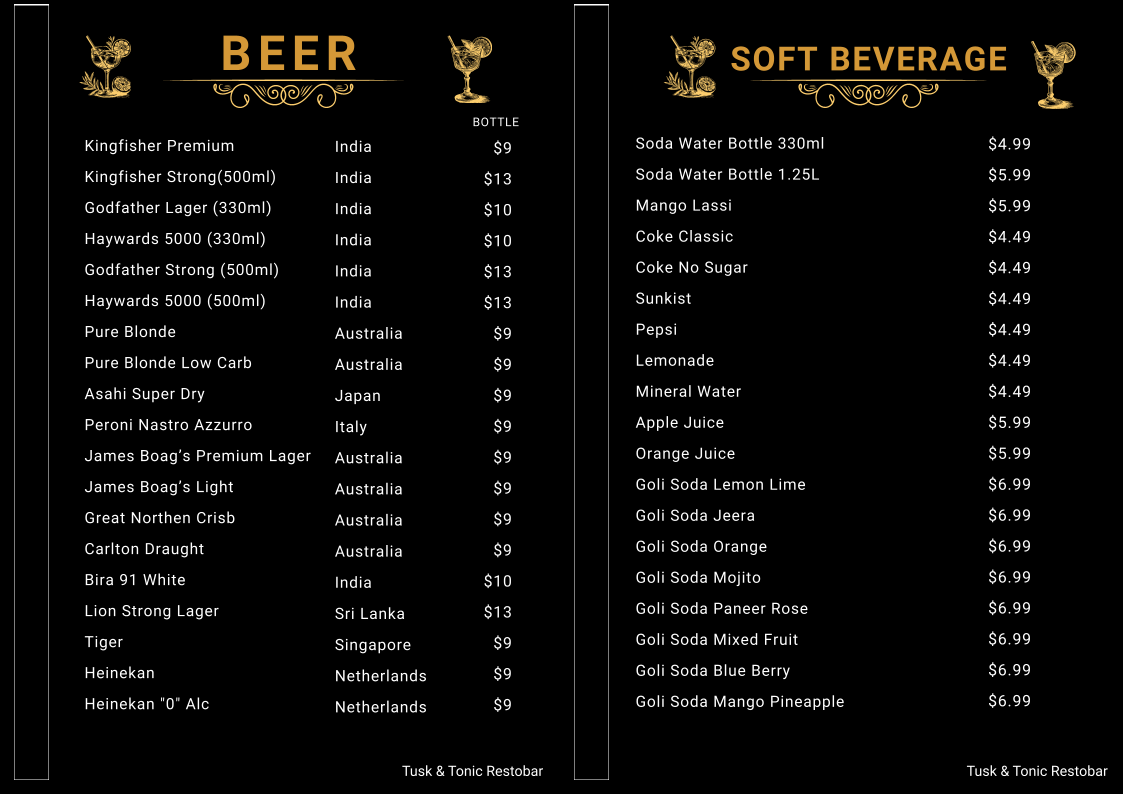 Menu, Tusk & Tonic Restobar