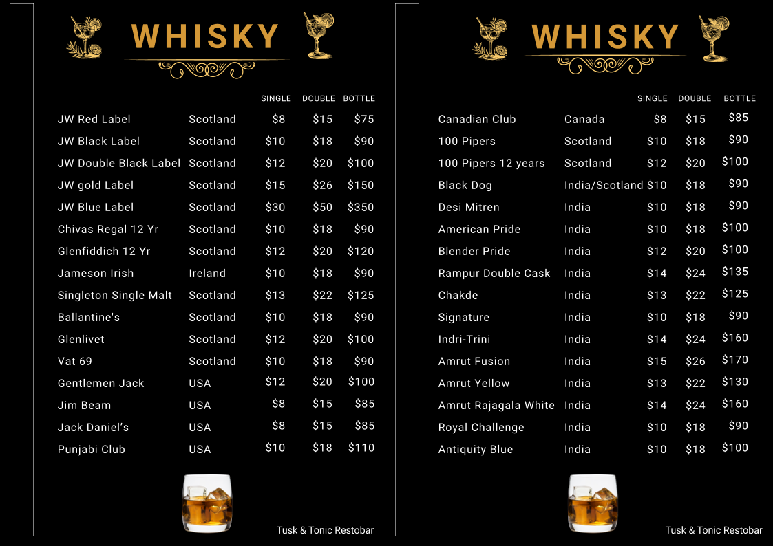 Menu, Tusk & Tonic Restobar