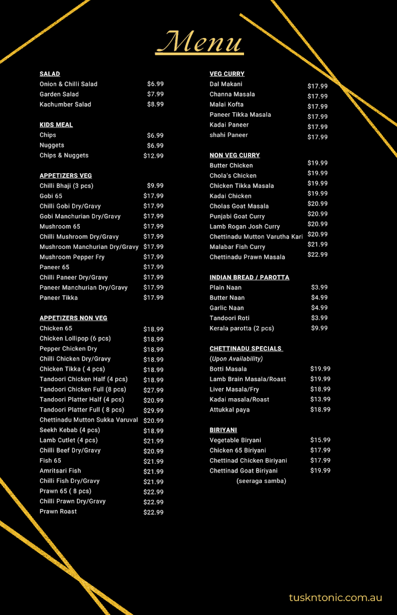 Menu, Tusk & Tonic Restobar