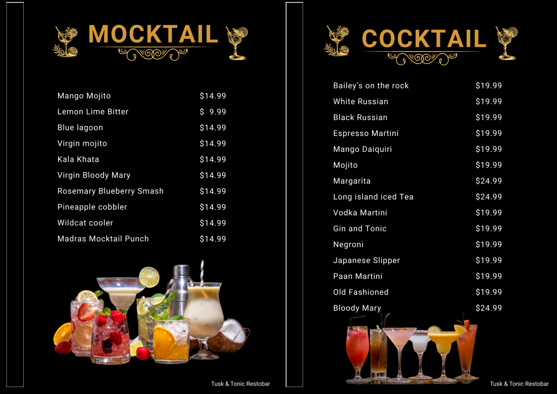 Menu, Tusk & Tonic Restobar