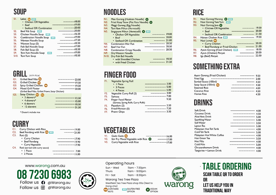 Menu, Warong Tea Tree Plaza