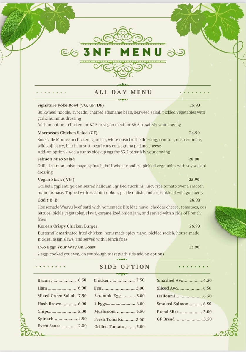 Menu, 3NF Coffee