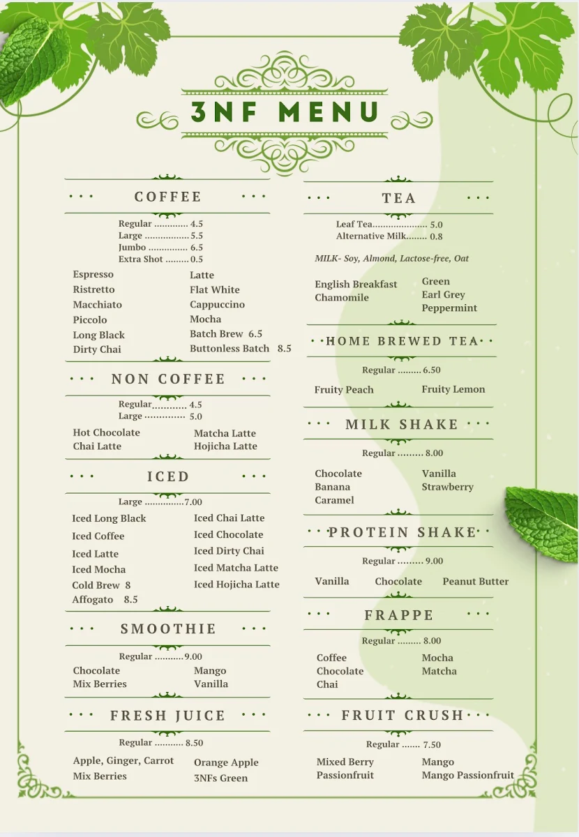 Menu, 3NF Coffee