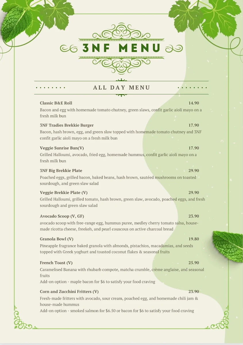 Menu, 3NF Coffee