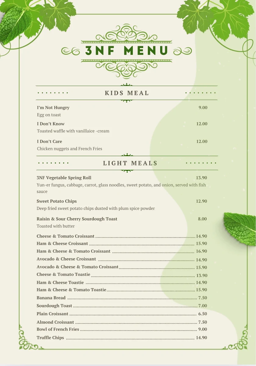 Menu, 3NF Coffee