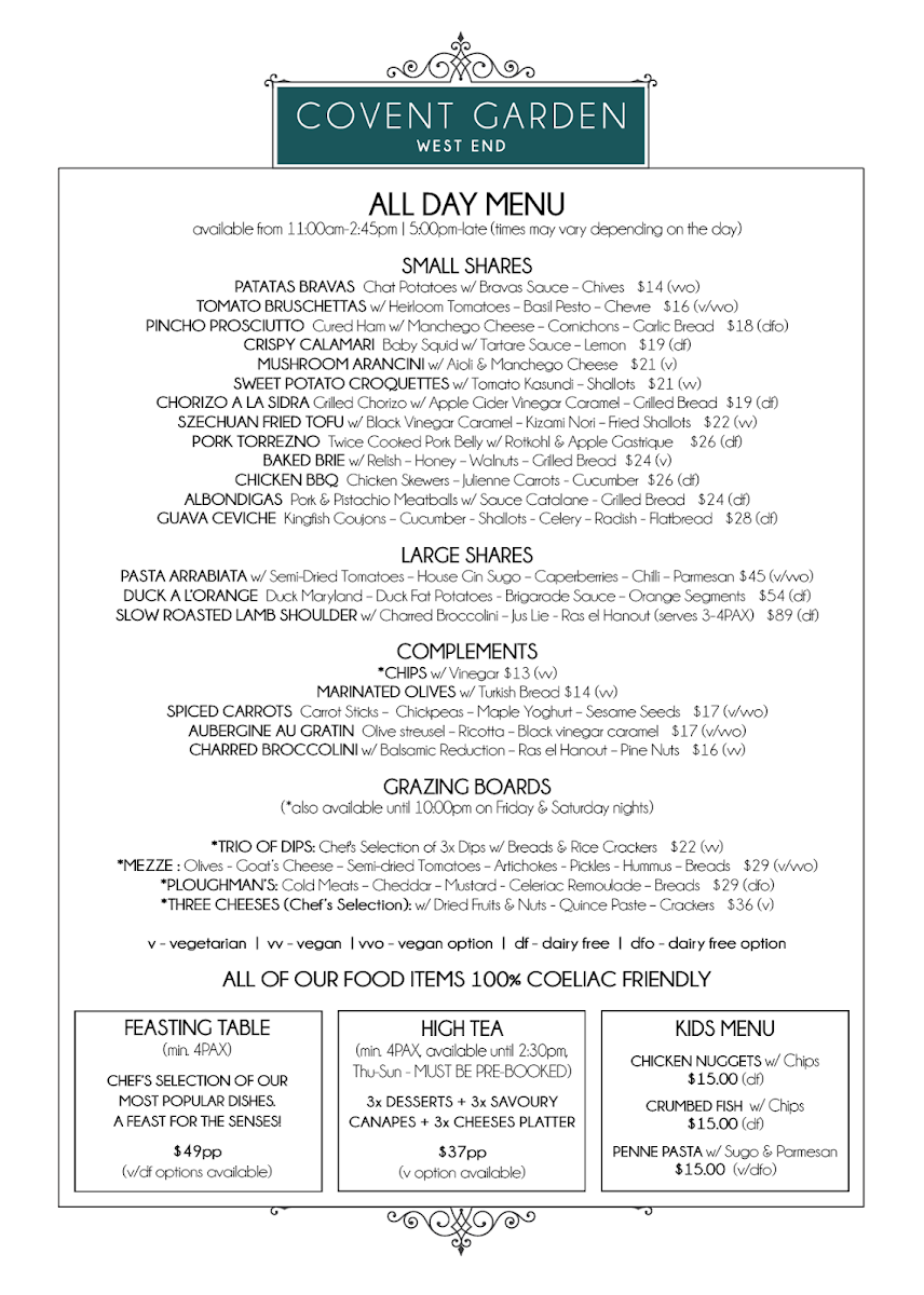 Menu, Covent Garden - Gin Bar & Restaurant