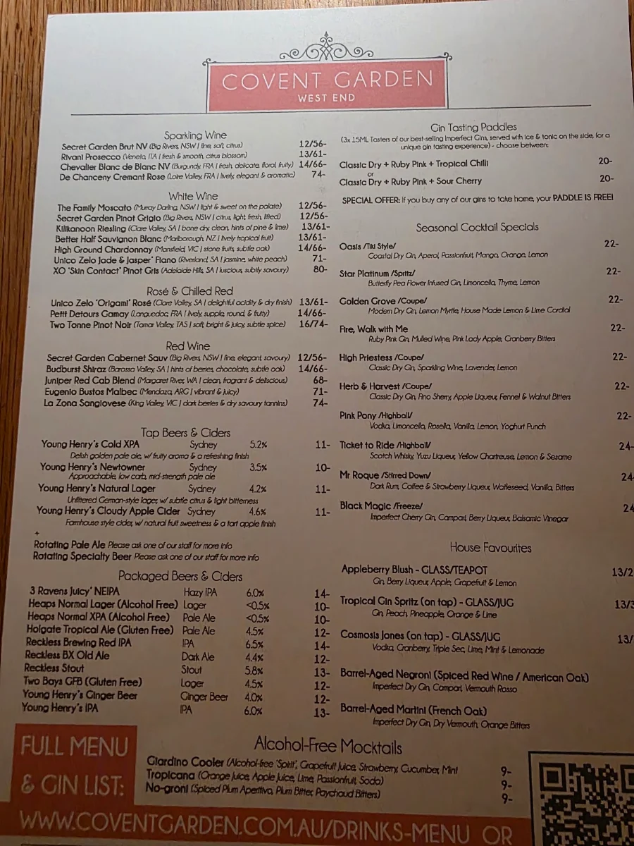 Menu, Covent Garden - Gin Bar & Restaurant