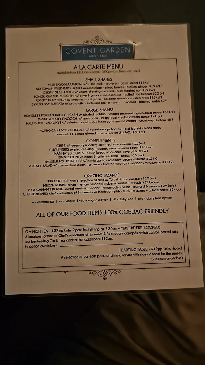 Menu, Covent Garden - Gin Bar & Restaurant