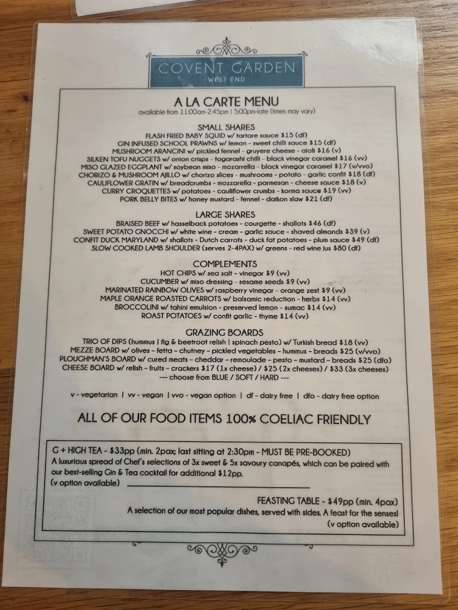 Menu, Covent Garden - Gin Bar & Restaurant