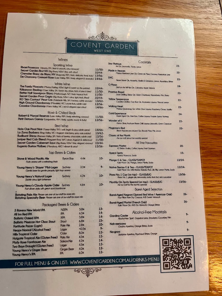 Menu, Covent Garden - Gin Bar & Restaurant