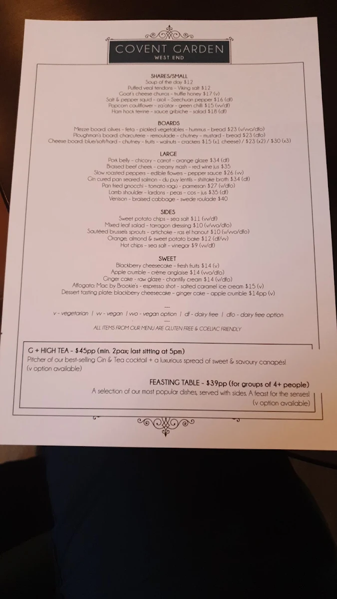 Menu, Covent Garden - Gin Bar & Restaurant